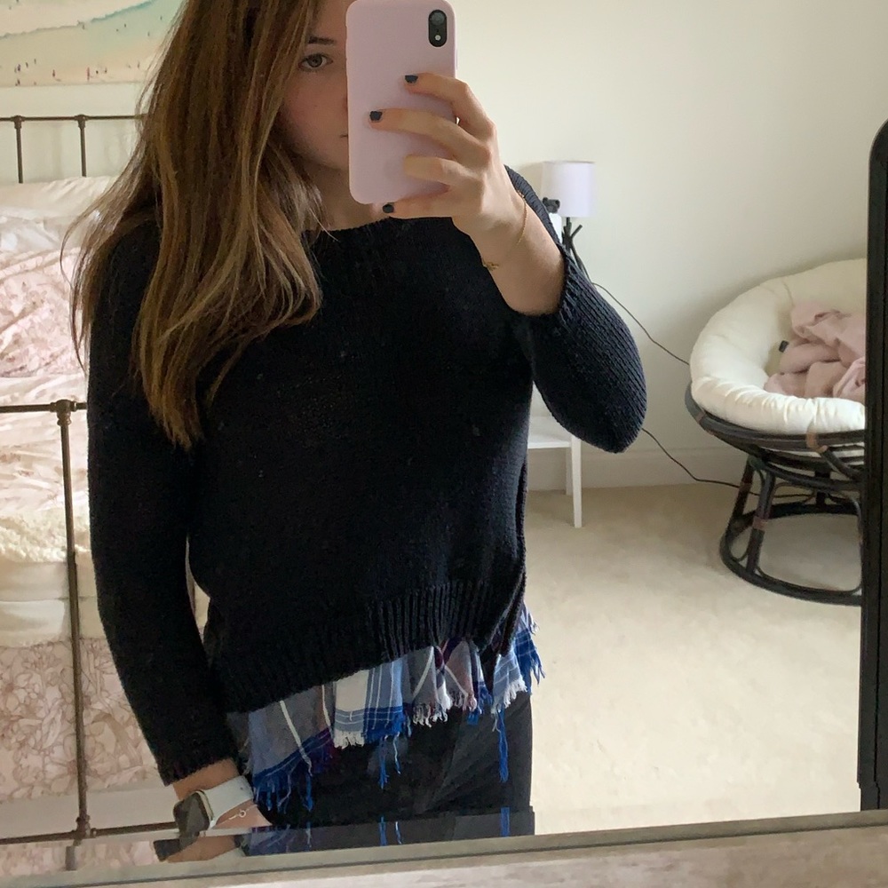 Navy sweater with flannel detailing